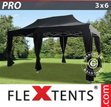 Gazebo Rapido FleXtents Pro 3x6m Nero, incl. 6 tendaggi decorativi